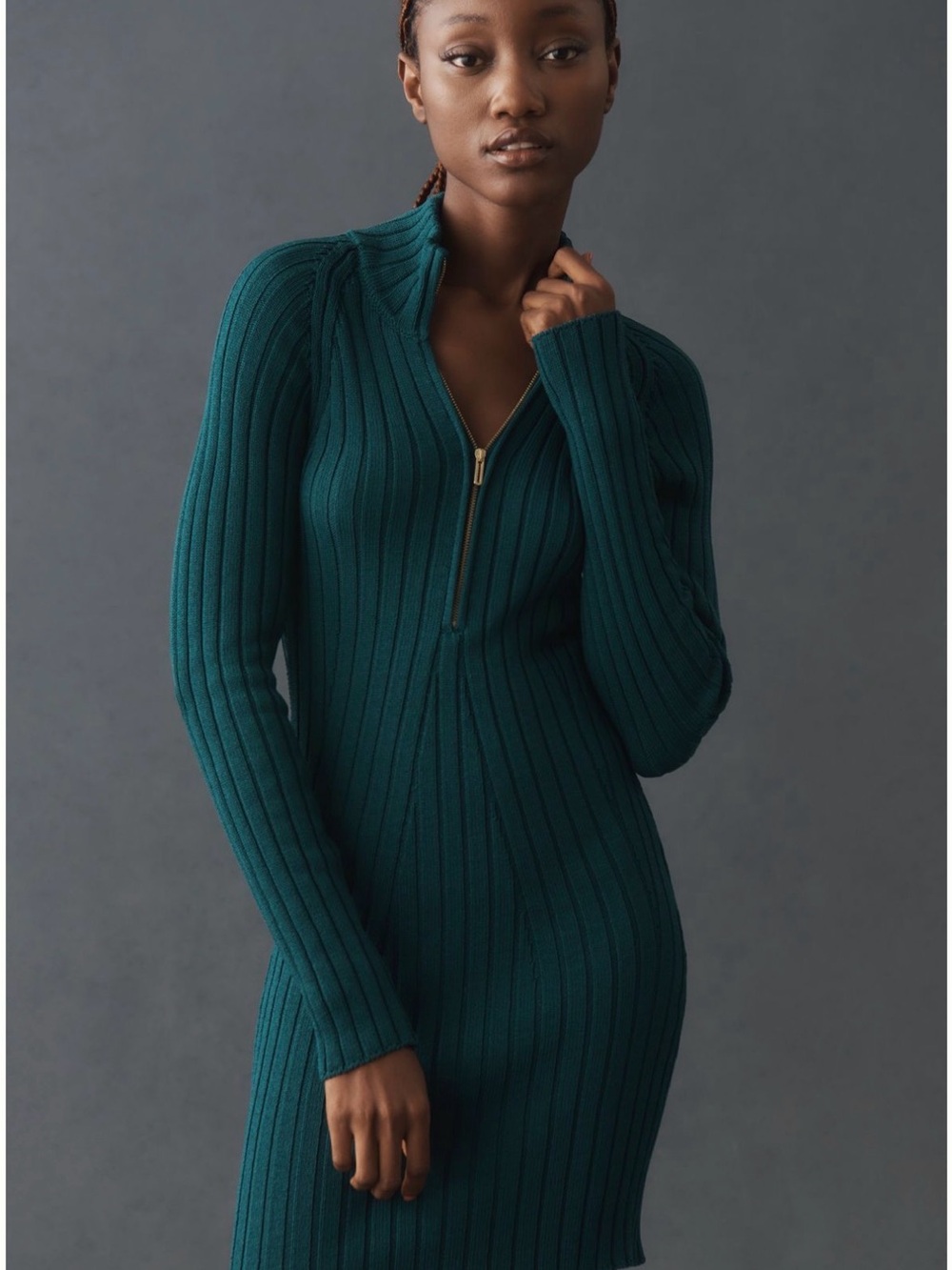 Pilcro Ribbed Quarter-Zip Sweater Dress in Teal